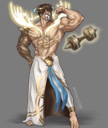 Rule 34 | 1boy, abs, bara, barefoot, biceps, brown eyes, brown hair, commentary, dumbbell, eikthyrnir (fire emblem), eikthyrnir (resolved to train) (fire emblem), fire emblem, fire emblem heroes, flexing, floating, floating object, full body, headdress, highres, large pectorals, male focus, mask, mouth mask, muscular, muscular male, nintendo, official alternate costume, pectorals, short hair, smdoodles03, solo