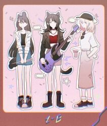 3girls 5-string_bass_guitar animal_ears bang_dream! bang_dream!_it&#039;s_mygo!!!!! baseball_cap bass_guitar black_boots black_choker black_hat black_jacket black_shirt black_shoes blonde_hair blue_eyes blue_skirt boots brown_skirt cat_ears cat_girl cat_tail choker commentary confetti cup disposable_cup dog_ears dog_girl dog_tail drumsticks extended_range_bass_guitar grey_skirt hair_between_eyes hat highres holding holding_cup holding_drumsticks instrument jacket kemonomimi_mode misumi_uika multiple_girls outline purple_eyes red_shirt reiboubyou shiina_taki shirt shoes short_sleeves skirt sunglasses tail unworn_eyewear white_jacket white_outline white_shirt yahata_umiri