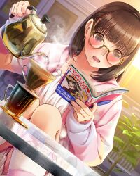 Rule 34 | 1girl, anegasaki nene, bespectacled, blush, book, brown hair, coffee, coffee maker, collarbone, dutch angle, embarrassed, glass table, glasses, hands up, highres, holding, holding book, holding kettle, holding manga, indoors, jason voorhees, kettle, long sleeves, looking at object, love plus, manga (object), medium hair, mole, mole under eye, open book, open mouth, pajamas, pigeon-toed, pink pajamas, pink socks, plant, potted plant, purple eyes, rabbit, reading, shelf, sitting, skirt, socks, solo, steam, stuffed animal, stuffed rabbit, stuffed toy, sunlight, table, yellow-framed eyewear