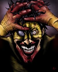 1boy absurdres black_hair blood blood_drip blood_on_clothes blood_on_face blood_on_hands blood_stain bodysuit broken_goggles clenched_teeth commentary crazy crazy_grin english_commentary gloves highres horror_(theme) invincible_(series) looking_at_viewer male_focus open_mouth protein1002 short_hair signature sinister_invincible superhero_costume teeth yellow_bodysuit yellow_gloves