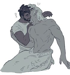 ! 2boys 8dddjbbb8 abs baptiste_(overwatch) beard closed_eyes commentary couple dark-skinned_male dark_skin dreadlocks ear_piercing earrings facial_hair greyscale groin hand_on_another&#039;s_shoulder heart hover_hand jewelry kissing_head lifeweaver_(overwatch) long_hair male_focus merman monochrome monster_boy multiple_boys navel overwatch overwatch_2 parted_lips pectorals piercing shirt short_sleeves simple_background stud_earrings symbol-only_commentary t-shirt teeth topless_male white_background yaoi