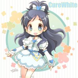 Rule 34 | 1girl, belt, black hair, blue belt, blue brooch, blue eyes, bow, bowtie, brooch, character name, circle, commentary request, cowboy shot, cure white, dated, dot nose, dress, earrings, flower, frilled arm warmers, frilled leg warmers, frilled sleeves, frills, futari wa precure, futari wa precure max heart, green flower, hair bow, hair ornament, happy, heart, heart brooch, heart earrings, heart hair ornament, heart o-ring, heart print, high ponytail, hiyopuko, jewelry, lace, lace-trimmed dress, lace trim, leg warmers, light blush, long hair, o-ring, o-ring belt, open mouth, orange flower, pink flower, ponytail, precure, short dress, short ponytail, short sleeves, sidelocks, signature, smile, solo, split ponytail, standing, striped background, tareme, vertical-striped background, very long hair, wavy hair, white arm warmers, white background, white bow, white bowtie, white dress, white leg warmers, yellow flower, yukishiro honoka