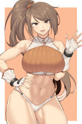1girl :d abs bandaid bandaid_on_cheek bandaid_on_face bandaid_on_shoulder bare_shoulders border bracelet breasts brown_eyes brown_hair cowboy_shot dungeon_and_fighter female_fighter_(dungeon_and_fighter) female_striker_(dungeon_and_fighter) fingerless_gloves framed_breasts gloves hand_on_own_hip hand_up high_ponytail highres jewelry kook large_breasts long_hair looking_at_viewer midriff multiple_scars navel open_mouth ponytail scar scar_on_arm scar_on_chest scar_on_hip sidelocks smile solo swept_bangs thighs toned waving white_border white_gloves