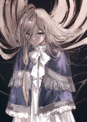 1girl ascot blonde_hair blue_cape brown_eyes cape closed_mouth dress eyes_visible_through_hair hair_over_one_eye highres long_bangs long_hair looking_at_viewer moku_(muooku) sense_(sousou_no_frieren) solo sousou_no_frieren very_long_hair white_ascot white_dress