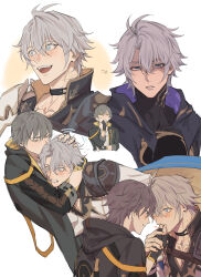 Rule 34 | &gt; &lt;, 2boys, antenna hair, armor, back, black bodysuit, black cape, black choker, black coat, black gloves, blue cape, blue eyes, blush, bodysuit, caelus (honkai: star rail), cape, choker, closed eyes, closed mouth, coat, collarbone, covered mouth, covering own mouth, fingerless gloves, fingernails, flame reaver of the deepest dark, gloves, grey hair, hair between eyes, half-closed eyes, hand on another&#039;s head, hand on own chin, heart, highres, holding hands, honkai: star rail, honkai (series), hood, hooded cape, hooded coat, hug, inmum777, jacket, kiss, kissing hair, kissing hand, lips, long sleeves, looking at another, looking at viewer, looking up, male focus, multiple boys, multiple views, neck tattoo, open clothes, open coat, open mouth, petting, phainon (honkai: star rail), shaded face, short hair, shoulder armor, simple background, smile, sun symbol, sun tattoo, sweatdrop, tan, tattoo, teeth, trailblazer (honkai: star rail), two-sided cape, two-sided coat, two-sided fabric, upper body, v-shaped eyebrows, white background, white jacket, yaoi, yellow cape, yellow coat, yellow eyes