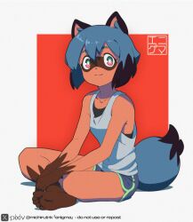 1girl animal_ear_fluff animal_ears aqua_eyes artist_logo bare_arms bare_legs barefoot black_bra blue_hair blue_shorts blue_tail border bra brand_new_animal closed_mouth commentary commentary_request crossed_legs english_commentary english_text furry furry_female hair_between_eyes hands_on_own_leg indian_style kagemori_michiru logo looking_at_viewer michirutnk mixed-language_commentary multi-source_commentary multicolored_eyes outside_border pink_eyes pixiv_logo raccoon_ears raccoon_girl raccoon_tail red_background short_hair short_shorts shorts sitting smile soles solo tail tank_top tanuki translation_request twitter_username twitter_x_logo underwear white_border white_tank_top yellow_pupils