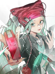 1girl absurdres aqua_hair aqua_neckerchief beanie black_jacket black_sailor_collar blazer braid broken_glass digital_media_player earphones foreshortening glass hair_ornament hairclip hands_up hat hatsune_miku highres holding holding_digital_media_player holding_phone jacket lipstick long_hair long_sleeves looking_at_viewer makeup nail_polish neckerchief o-ring phone play_(vocaloid) pom_pom_(clothes) red_hat red_lips sailor_collar shirt smile solo twintails upper_body vocaloid white_shirt wumumu