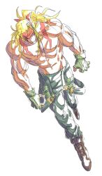 1boy abs alex_(street_fighter) beatle black_boots blonde_hair body_markings boots closed_mouth commentary english_commentary fingerless_gloves full_body gloves green_gloves green_pants headband long_hair looking_to_the_side male_focus muscular muscular_male nipples pants pectorals ponytail red_headband sideways_glance simple_background solo street_fighter street_fighter_iii_(series) suspenders_hanging topless_male white_background