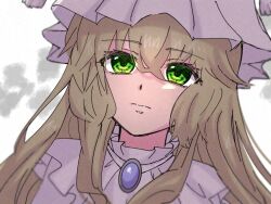 Rule 34 | 1girl, amai yume, amulet, blonde hair, cropped shoulders, expressionless, frilled hat, frills, green eyes, hat, highres, long hair, looking at viewer, mahou shoujo madoka magica, mahou shoujo oriko magica, mikuni oriko, portrait, solo, white background