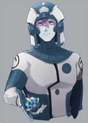 1boy beast_ball bodysuit closed_mouth commentary_request dulse_(pokemon) frown grey_background hair_between_eyes helmet holding holding_poke_ball looking_down male_focus mocollie nintendo poke_ball pokemon pokemon_usum purple_hair short_hair simple_background solo ultra_recon_squad_uniform upper_body