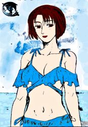 1girl artist_request beach belly bikini blue_bikini bra breasts cleavage colorized initial_d lipstick looking_at_viewer makeup medium_breasts midriff mogi_natsuki navel ocean panties short_hair sky smile solo stomach swimsuit tagme underwear water
