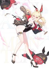 1girl absurdres animal_ears bare_shoulders baseball_bat black_gloves black_helmet black_leotard black_necktie black_shoes blush boar brass_knuckles breasts carrying_over_shoulder character_name colored_eyelashes commentary detached_collar fake_animal_ears fake_tail gloves hair_intakes helmet high_heels highres holding holding_baseball_bat jacket jewelry leotard long_hair looking_at_viewer luciana_de_montefio necktie nose_blush off_shoulder ohoo_7am open_clothes open_jacket parted_lips rabbit_ears rabbit_tail red_eyes shiny_skin shoes side_ponytail small_breasts solo spiked_anklet strapless strapless_leotard sweat tail thighlet weapon zenless_zone_zero