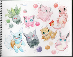 animal_focus arms_up black_eyes blank_eyes blue_eyes blush_stickers brown_eyes charmander claws clefairy closed_mouth colored_sclera creatures_(company) double_v english_text fang fangs fire flame-tipped_tail full_body game_freak gen_1_pokemon gengar green_eyes grin hand_to_own_mouth hand_up hands_up happy head_wings japanese_text jigglypuff kikuyoshi_(tracco) leaf looking_at_viewer looking_to_the_side lying nintendo no_humans oddish on_back one_eye_closed open_mouth painting_(medium) poke_ball poke_ball_(basic) pokemon pokemon_(creature) red_eyes red_sclera sandshrew simple_background smile standing teeth traditional_media v wartortle watercolor_(medium) white_background wigglytuff wings wink