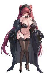 1girl 3: absurdres armpit_crease bare_shoulders black_bra black_choker black_coat black_footwear black_panties black_thighhighs bra breasts brown_thighhighs choker cleavage closed_mouth coat collarbone commentary frown full_body garter_straps headdress high_heels highres huge_breasts large_breasts lingerie long_hair long_sleeves looking_at_viewer mendou_kusai navel off_shoulder open_clothes open_coat original panties red_hair simple_background skindentation small_sweatdrop solo standing stomach strapless strapless_bra string_panties sweatdrop thighhighs thighs tsurime twintails underwear underwear_only v-shaped_eyebrows very_long_hair white_background yellow_eyes