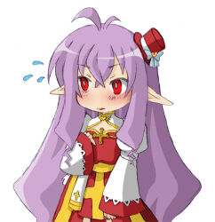 1girl ahoge arch_bishop_(ragnarok_online) blush cleavage_cutout clothing_cutout commentary_request cowboy_shot cross crossed_bangs dress flat_chest flying_sweatdrops hat juliet_sleeves long_hair long_sleeves looking_afar lowres mini_hat mini_top_hat monou0135 open_mouth pointy_ears puffy_sleeves purple_hair ragnarok_online red_dress red_eyes red_hat sash simple_background solo top_hat two-tone_dress very_long_hair white_background white_dress yellow_sash