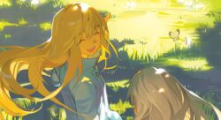 2boys aged_down aqua_jacket brothers bug butterfly child citronplanet closed_eyes collared_jacket floating_hair high_collar highres insect jacket long_hair looking_at_another male_focus millions_knives multiple_boys on_grass out_of_frame pointing siblings smile tree_shade trigun twins vash_the_stampede