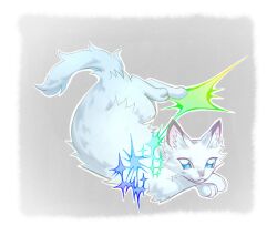 Rule 34 | :3, animal, animal focus, blue eyes, cat, commentary, english commentary, highres, kitty (fernwhisker), looking at viewer, lying, no humans, snowfur, solo, star (symbol), tail, the prophecies begin, warrior cats, white cat