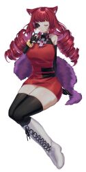Rule 34 | 1girl, absurdres, animal ear fluff, animal ears, arm support, artificial eye, black thighhighs, boots, cat ears, commission, cross, cross necklace, cup, dress, drill hair, ee extension 02, elbow gloves, feather boa, gloves, highres, holding, holding cup, invisible chair, jewelry, knee boots, lace-up boots, necklace, one eye closed, red dress, red hair, sitting, skindentation, sleeveless, sleeveless dress, solo, stella hoshii, thighhighs, thighs, va-11 hall-a, white background