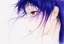 1girl absurdres bbmasa blush closed_eyes eyelashes gradient_background hand_to_own_mouth hibike!_euphonium highres liz_to_aoi_tori long_hair long_sleeves parted_lips portrait profile purple_hair red_eyes solo traditional_media yoroizuka_mizore