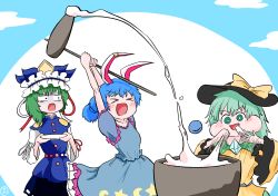3girls animal_ears blue_hair eating closed_eyes food green_eyes green_hair hat highres kine komeiji_koishi mallet mochi multiple_girls plate rabbit_ears scavia10 seiran_(touhou) shiki_eiki smile surprised touhou