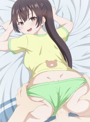 1boy 1girl :d absurdres all_fours ass bed blush breasts brown_eyes brown_hair censored clothed_sex clothing_aside commentary_request dimples_of_venus doggystyle eufoniuz green_panties hetero highres long_hair looking_at_viewer looking_back mosaic_censoring on_bed open_mouth paid_reward_available panties panties_aside penis ponytail pov revision sex sex_from_behind shirt short_sleeves smile subscribestar_logo subscribestar_username suou_yuki tokidoki_bosotto_roshia-go_de_dereru_tonari_no_alya-san underwear vaginal watermark web_address yellow_shirt