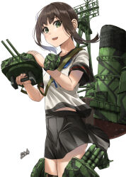 1girl adapted_turret black_hair black_sailor_collar black_skirt blue_neckerchief camouflage_paint dress fubuki_(kancolle) fubuki_kai_ni_(kancolle) green_eyes kantai_collection low_ponytail machinery medium_hair neckerchief pleated_dress pleated_skirt ponytail sailor_collar school_uniform serafuku short_ponytail sidelocks simple_background skirt smile smokestack solo torpedo white_background zombie_mogura