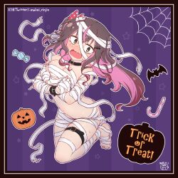 Rule 34 | 1girl, areola slip, artist name, bandage on hair, bandaged arm, bandaged chest, bandaged leg, bandages, bat (animal), belt, blush, bow, breasts, brown eyes, brown hair, candy, candy cane, choker, commentary request, dated, dot nose, food, grabbing own breast, hair bow, halloween, halloween costume, highres, jack-o&#039;-lantern, long hair, mukai rinjin, multicolored hair, mummy costume, naked bandage, nose blush, original, partial commentary, pink hair, polka dot, polka dot bow, pumpkin, purple background, red bow, silk, solo, spider web, star (symbol), streaked hair, striped background, thigh belt, thigh strap, trick or treat, twitter username, two-tone background, watermark, wavy mouth, wrist belt
