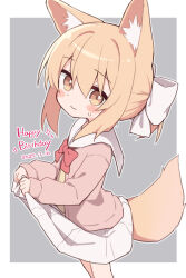 Rule 34 | 1girl, absurdres, animal ear fluff, animal ears, blonde hair, blush, border, borrowed character, bow, bowtie, cardigan, closed mouth, clothes lift, commentary, dated, fox ears, fox girl, fox tail, from side, grey background, hair bow, happy birthday, highres, lifting own clothes, long sleeves, looking at viewer, miike-chan, open clothes, original, outline, pink cardigan, red bow, red bowtie, sailor collar, shirt, short hair, simple background, skirt, skirt lift, solo, tail, white border, white bow, white sailor collar, white skirt, yellow eyes, yellow shirt, yuune (ayanepuna)