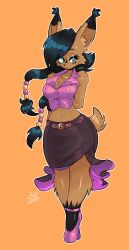 1girl absurdres arms_behind_back breasts cleavage curvy female_focus full_body furry furry_female green_eyes high_heels highres jamoart large_breasts long_hair looking_at_viewer midriff navel nicole_(sonic) secretary simple_background solo sonic_(series) tail wide_hips