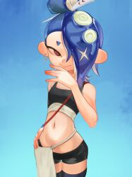 1girl absurdres bike_shorts black_thighhighs blue_hair bra chest_sarashi chokico fish_hook_earrings hair_ornament hair_over_one_eye hair_stick hand_on_own_hip highres jewelry midriff navel nintendo octoling red_eyes sarashi shiver_(splatoon) shiver_(splatoon_raiders) short_eyebrows shorts smile solo splatoon_(series) splatoon_raiders suction_cups tentacle_hair thighhighs underwear