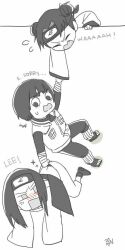 1girl 2boys accidental_exposure angry angry_vein ass bandaged_hand blush bowl_cut butt_crack double_bun falling forehead_protector furrowed_brow hair_bun hyuuga_neji leg_warmers long_hair long_sleeves monochrome multiple_boys narrowed_eyes naruto_(series) naruto_shippuuden open_mouth pulling_another&#039;s_clothes rock_lee struggling sweatdrop tenten_(naruto) thick_eyebrows underwear vest