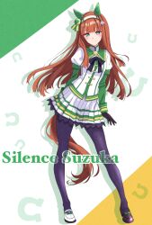 1girl absurdres animal_ears black_pantyhose blunt_bangs character_name commentary english_commentary full_body green_eyes hairband highres hime_cut horse_ears horse_girl horse_tail layered_shirt long_hair long_sleeves looking_at_viewer nitamako_(sakamalh) orange_hair pantyhose pleated_skirt shirt silence_suzuka_(umamusume) skirt smile solo standing tail umamusume white_hairband white_shirt white_skirt