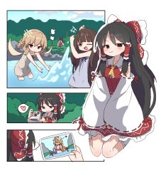 4girls :&lt; anger_vein bare_shoulders bikini black_eyes black_hair blonde_hair blush bow breasts brown_eyes brown_hair camera closed_mouth detached_sleeves drill_hair gap_(touhou) hair_tubes hakurei_reimu hat heart highres holding holding_camera holding_photo large_breasts light_smile long_hair luna_child magg_(user_mtca8588) medium_hair mob_cap multiple_girls navel neckerchief nightgown one_eye_closed open_mouth photo_(object) purple_bikini purple_eyes red_bow red_shirt red_skirt seiza shirt sitting skirt splashing spoken_heart star_sapphire swimsuit taking_picture tongue tongue_out touhou v very_long_hair wading water yakumo_yukari yellow_neckerchief