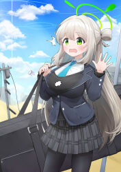 1girl :o absurdres black_jacket black_pantyhose black_skirt blazer blue_archive blue_necktie blue_sky breasts brown_hair cloud commentary_request day desert drawing_rak green_eyes green_halo hair_between_eyes halo highres jacket large_breasts long_hair long_sleeves necktie nonomi_(blue_archive) open_mouth outdoors pantyhose plaid_clothes plaid_skirt pleated_skirt popped_button school_uniform shirt sidelocks skirt sky solo utility_pole very_long_hair wardrobe_malfunction wavy_mouth weapon_case white_shirt