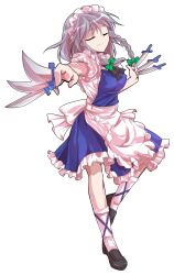 Rule 34 | 1girl, alphes (style), ankle lace-up, apron, back bow, between fingers, black ribbon, black shoes, blue skirt, blue vest, bow, braid, breasts, closed eyes, closed mouth, commentary request, dairi, frilled apron, frilled skirt, frilled sleeves, frills, full body, green bow, grey hair, hair bow, highres, holding, holding knife, izayoi sakuya, knife, knives between fingers, large variant set, maid, maid headdress, medium breasts, medium hair, neck ribbon, parody, puffy short sleeves, puffy sleeves, ribbon, shirt, shoes, short sleeves, simple background, skirt, socks, solo, standing, standing on one leg, style parody, tachi-e, throwing knife, touhou, transparent background, twin braids, variant set, vest, waist apron, weapon, white apron, white shirt, white socks