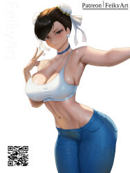 1girl arm_up artist_name black_hair blue_choker blue_pants brown_eyes capcom choker chun-li closed_mouth crop_top double_bun earrings feikyart hair_bun hair_ornament highres jewelry medium_hair navel pants shirt short_hair solo stomach street_fighter v white_shirt