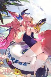 1girl ahoge animal_ears armpit_crease ass bad_source bare_shoulders beach bracelet cloud cloudy_sky day flower fox_ears fox_girl fox_tail frilled_bracelet full_body gradient_hair hair_between_eyes hair_flower hair_ornament hair_ribbon highres holding holding_water_gun indie_virtual_youtuber innertube jewelry long_bangs long_hair looking_at_viewer lying multicolored_hair ocean official_art on_side open_mouth outdoors pink_hair plant purple_eyes ribbon school_swimsuit sidelocks skirt skirt_around_one_leg sky smile soles solo swim_ring swimsuit tail teletha_(vtuber) thighhighs twintails unworn_skirt very_long_hair virtual_youtuber water_gun white_thighhighs