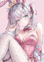 1girl ahoge alisa_mikhailovna_kujou alternate_costume animal_ears averting_eyes bare_shoulders blue_eyes bow bowtie breasts cleavage commentary_request detached_collar fake_animal_ears fishnet_pantyhose fishnets hair_ribbon hairband hand_up highres knees_up leotard long_hair medium_breasts momoko_(momopoco) off_shoulder pantyhose parted_lips pink_background pink_leotard playboy_bunny rabbit_ears raised_eyebrow ribbon simple_background solo strapless strapless_leotard thigh_strap tokidoki_bosotto_roshia-go_de_dereru_tonari_no_alya-san twintails white_hair white_pantyhose