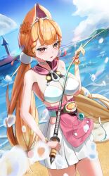 1girl absurdres alice_thymefield alice_thymefield_(sea_of_thyme) animal_ears beach blonde_hair bracelet breasts building cleavage commentary cowboy_shot gang_ryeol heterochromia highres hip_vent holding holding_sword holding_weapon jewelry long_hair looking_at_viewer low_twintails ocean official_alternate_costume pleated_skirt rabbit_ears rabbit_girl rapier red_eyes skirt solo sphere_hair_ornament swimsuit sword twintails weapon white_skirt yellow_eyes zenless_zone_zero