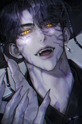 Rule 34 | 1boy, alternate form, black hair, demon, dutch angle, earrings, fangs, fingernails, gat (hat), glint, grey background, hashtag-only commentary, hat, highres, jewelry, jinu (kpop demon hunters), kpop demon hunters, long fingernails, looking at viewer, male focus, momil0801, open mouth, simple background, solo, yellow eyes