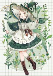 1girl :d animal_ears apron blush book boots bow braid brown_boots cape cat_ears commentary_request dress fang floating floating_object frilled_apron frilled_dress frills full_body green_bow green_cape green_dress green_eyes green_hat grey_hair grid_background hair_bow hair_ornament hand_up hat holding holding_wand holding_watering_can lace-up_boots long_hair long_sleeves open_mouth original ribbed_socks smile socks solo tabi_0v0 triangle_hair_ornament twin_braids wand watering_can watermark white_apron white_socks witch_hat