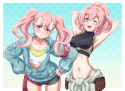 2girls :i armband armpits arms_behind_head belt bike_shorts center-flap_bangs chest_harness clothes_around_waist crop_top cropped_legs double-parted_bangs ellie_(synduality) green_eyes hair_ribbon hands_on_own_hips harness head_tilt high_ponytail highres jacket maria_(synduality) midriff multiple_girls navel one_eye_closed open_clothes open_jacket pink_hair ponytail pouch red_armband ribbon shirt shirt_around_waist sleeveless sleeveless_turtleneck standing synduality synduality_noir tank_top thigh_pouch turtleneck twintails yosuzu
