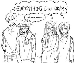 2boys 2girls alien_stage arm_around_shoulder blush choker closed_eyes closed_mouth commentary english_commentary english_text fang gauze gauze_on_cheek highres ivan_(alien_stage) long_hair long_sleeves mizi_(alien_stage) multiple_boys multiple_girls shirt short_hair sketch smile speech_bubble sua_(alien_stage) sunnyirry thought_bubble till_(alien_stage) very_short_hair