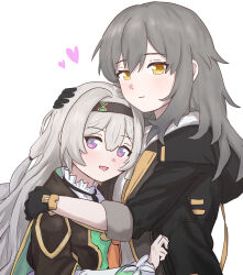 2girls black_gloves black_hair black_hairband blue_pupils collared_shirt firefly_(honkai:_star_rail) frilled_shirt_collar frilled_sleeves frills gloves grey_hair hair_between_eyes hair_intakes hairband head_hug heart highres honkai:_star_rail honkai_(series) hug koto_noha long_hair long_sleeves multicolored_eyes multiple_girls neckerchief open_mouth orange_neckerchief shirt simple_background smile stelle_(honkai:_star_rail) trailblazer_(honkai:_star_rail) two-tone_eyes white_background white_shirt white_sleeves yellow_eyes