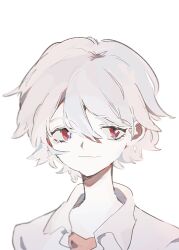 1boy closed_mouth collared_shirt hair_between_eyes looking_to_the_side male_focus nagisa_kaworu neon_genesis_evangelion red_eyes ronoh_(jill) shirt short_hair simple_background smile solo upper_body white_background white_hair