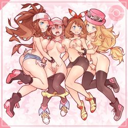 4girls absurdres alternate_breast_size artist_name ass ass_focus bare_legs bare_shoulders baseball_cap bike_shorts black_thighhighs blonde_hair blue_eyes blush breast_envy breasts brown_hair cameltoe cleft_of_venus clothes_lift denim denim_shorts grabbing_another&#039;s_breast grabbing_from_behind groping hairband hat heart high_ponytail highres hilda_(pokemon) holding holding_poke_ball hug huge_ass large_breasts legs_apart looking_at_viewer looking_back may_(pokemon) medium_breasts micro_shorts multiple_girls naughty_face navel nintendo nipples one_eye_closed pants poke_ball poke_ball_symbol pokemon pokemon_bw pokemon_bw2 pokemon_oras pokemon_xy ponytail pussy rosa_(pokemon) serena_(pokemon) shiny_skin shirt shirt_lift short_shorts shorts smile source_request take_your_pick thighhighs top-down_bottom-up topless_female twintails uncensored unworn_shirt wink wristband x-t3al yoga_pants