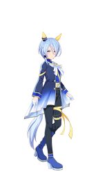 Rule 34 | 1girl, animal ears, bad link, black boots, blue boots, blue hair, blue jacket, boots, bow, closed mouth, ear covers, ear ornament, full body, game model, gloves, hair between eyes, highres, horse ears, horse girl, horse tail, jacket, k.s.miracle (umamusume), light blue hair, long sleeves, looking at viewer, pants, purple eyes, short hair, sitting, solo, standing, tachi-e, tail, transparent, transparent background, umamusume, white bow, white gloves