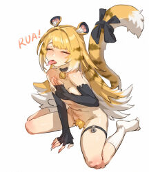 1girl agaver123 animal_ears black_gloves blonde_hair breasts closed_eyes female_pubic_hair fingerless_gloves gloves ju_fufu multicolored_hair open_mouth pubic_hair small_breasts socks solo tail thighhighs tiger_ears tiger_girl tiger_tail tongue tongue_out two-tone_hair white_hair white_socks white_thighhighs zenless_zone_zero