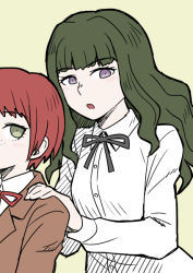 2girls :o black_ribbon blouse brown_background brown_jacket collared_shirt commentary_request danganronpa_(series) danganronpa_3_(anime) dress_shirt freckles green_hair hand_on_another&#039;s_shoulder hope&#039;s_peak_academy_school_uniform jacket koizumi_mahiru long_hair long_sleeves multiple_girls namu_(nurui_cha) neck_ribbon purple_eyes red_hair red_ribbon ribbon satou_(danganronpa) school_uniform shirt short_hair simple_background solo_focus upper_body white_shirt