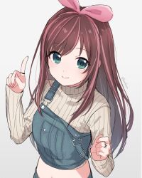 1girl blue_eyes blush brown_hair closed_mouth commentary crop_top grey_sweater highres index_finger_raised jewelry kizuna_ai kizuna_ai_inc. knokzm long_hair looking_at_viewer midriff multicolored_hair multiple_rings navel pink_hair pink_nails ring simple_background solo streaked_hair sweater twitter_username upper_body virtual_youtuber white_background